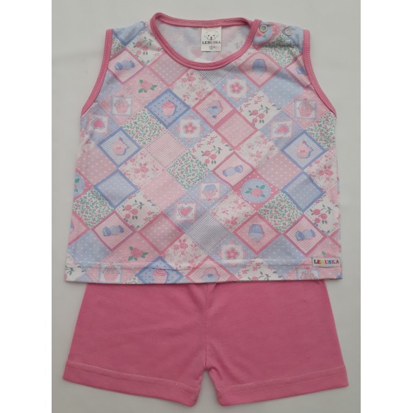 Pijama Regata Rosa com Patchwork P,M,G